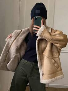 DAZY Women's Suede Fleece Zip-Up Casual Regular Jacket Women Coats - Khaki - View 3