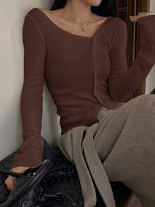 DAZY Cárdigan de punto de manga larga con un solo botonadura, cuello en V, hombros oblicuos y costillas de unicolor para mujer, primavera - Marrón Chocolate - Ver 5
