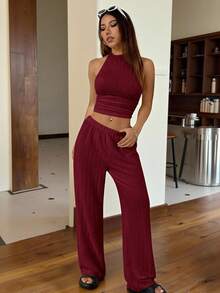 SHEIN EZwear 1 套女士深红色针织休闲紧身套装