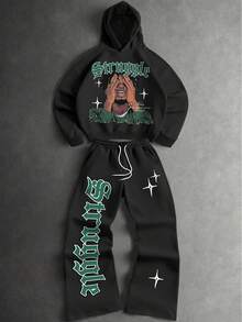 Manfinity EMRG 男士人像字母印花休闲街头风连帽衫和运动裤套装（2件套），秋季男装 - 黑色 - 查看 2