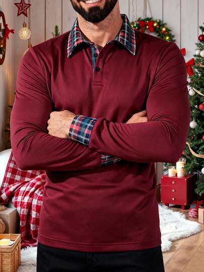 Manfinity Homme Men's Long Sleeve Plaid Pattern Contrast Color Polo Shirt, A Great Choice For Christmas, Home, And Gatherings Old Money,Daily Leisure, Weekend Trips, Outdoor Activities, Travel Expeditions, Relaxed Work Environments Or Semi-Formal Occasions, Boyfriend/Husband Gift, Anniversary /Birthday Gift Party Christmas New Years Wedding