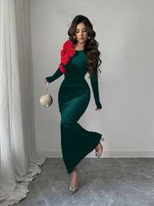 Rafferiza Vestido largo de mujer de cuello redondo, cintura ceñida y terciopelo con flores 3D para otoño/invierno, elegante para fiestas y eventos de Navidad - Verde Oscuro - Ver 4