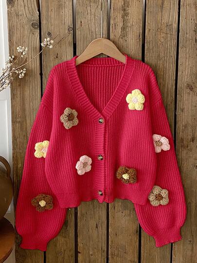 SHEIN Vintaside Kids Cute 3D Colorful Floral Apricot Cardigan Sweater For Tween GirlsAutumn/Winter Kids Cardigan For Girls Flower Cardigan Kids Sweaters For Girls Button Girl Cardigan Sweater Cardigan Sweater For Girls Strawberry Cardigan Kids