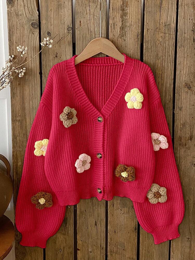 SHEIN Vintaside Kids Pink Floral Cute 3D Colorful Flower Apricot Cardigan Sweater For Tween Girls,Autumn Winter Kids Button School Back-To-School Strawberry Sweaters - Hot Pink - View 1
