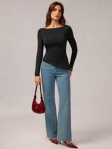 SHEIN Tall Women's Lace Patchwork Bow Back Slim Fit Long Sleeve Off Shoulder Black Sexy Top Lace Top See Through Top Long Sleeve Top Women Top,Boho Women Clothing,Black Lace Top,Y2k Clothes Women,Fall Clothes,Back To School Clothes,Going Out Tops,Black Top - Black - View 4