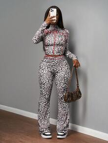 Slaydiva 2025 Autumn And Winter New Style Music Festival Holiday Western Style Nomadic Style Birthday Party Graduation Season Student Wear Daily Street Basic Versatile Casual Letter Print Zipper Neck Tight Long Sleeve Pull Sports Yoga Leopard Print Jacket And Leggings Women's Two-Pieces Set Back To School, Graduation - Multicolor - View 5