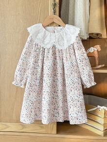 SHEIN Vintaside Kids 1pc Girls Young Girl Ditsy Floral Loose Fit Long Sleeve Dress, Elegant Collar Flower Design, Casual Versatile Dress For Autumn - Pink - View 3