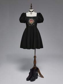 ROMWE Goth Váy tay bồng thêu hình trái tim thời trang cỡ lớn - màu đen - Xem 3