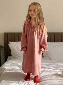 女童褶皱荷叶边腰部抓绒休闲连衣裙 - 粉色 - 查看 3