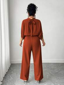 Elenzga 大码女士优雅短袖连体裤，立领，后背系带，刺绣袖口，适合休闲和派对穿着 - 鏽棕色 - 查看 2