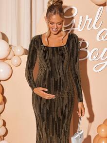 Loomaby Maternity Fashionable Party Sequin Bodycon Dress Babyshower Dress Maternity Pregnant Dress Bump Friendly Dress Maternity Dress Pregnancy Dress For Photoshoot - Gold - View 5