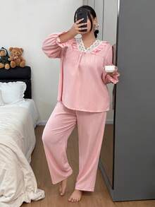 Dream Adore Plus Size 2pcs Princess Style Long Sleeve Pajama Set, Homewear Suit, Winter Clothes - Pink - View 4