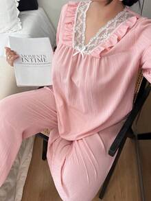 Dream Adore Plus Size 2pcs Princess Style Long Sleeve Pajama Set, Homewear Suit, Winter Clothes - Pink - View 5