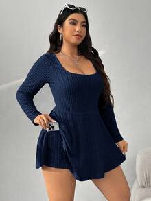 SHEIN EZwear 大码藏蓝色长袖连体裤，秋季休闲款 - 寶藍色 - 查看 5