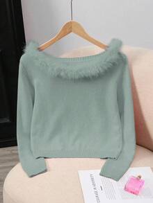 Franclia Fashionable Solid Color Patchwork Fur Collar Sweater, Autumn/Winter - Mint Green - View 5