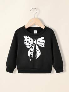 Baby Girl Casual Cartoon Pattern Crew Neck Sweatshirt Thick Set, Suitable For Autumn/Winter, Classic Cute Cartoon Heart & Bow Print - Black - View 4