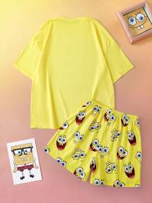 SpongeBob SquarePants | SHEIN Women's Cute Cartoon Pattern Loose Fit Batwing Top And Shorts Pajama Set, Summer