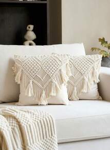 Cirelle Boho Style Beige Crochet Tassel Throw Pillow Cover - Farmhouse Decor Cushion Cover, Suitable For Sofa, Bed, Living Room (No Insert) - Perfect For Halloween And Christmas Decorative Pillows - Ivory - View 1