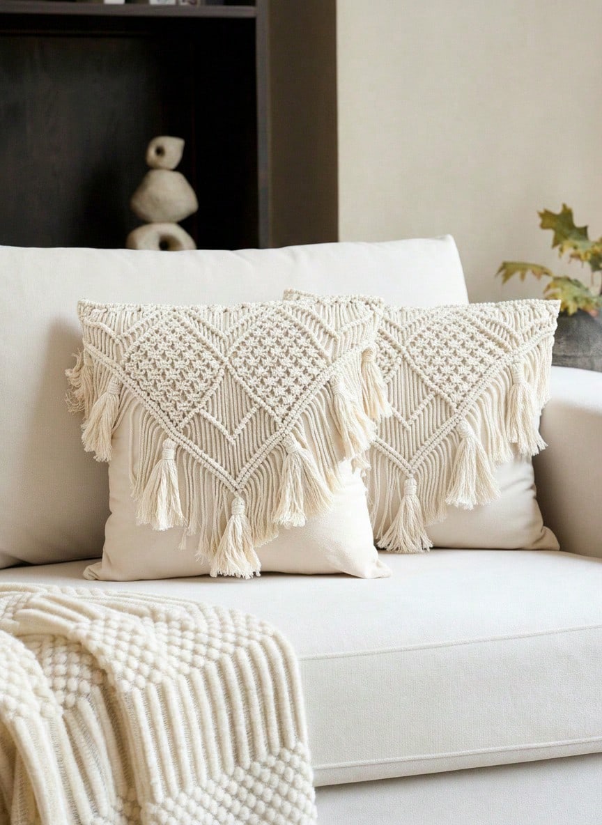 Cirelle Boho Style Beige Crochet Tassel Throw Pillow Cover - Farmhouse Decor Cushion Cover, Suitable For Sofa, Bed, Living Room (No Insert) - Perfect For Halloween And Christmas Decorative Pillows - Ivory - View 1