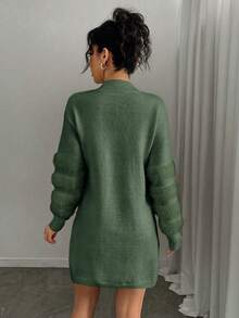 Elenzga Plus Size Solid Color Fitted Stand Collar Casual Versatile Long Sleeve Sweater Dress - Army Green - View 2