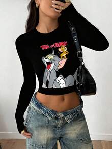 TOM & JERRY X SHEIN 女士休闲卡通字母印花长袖修身短款 T 恤，春/秋 - 黑色 - 查看 5