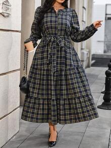 SHEIN 复古花卉格纹圆领泡泡袖大码女装连衣裙，女士秋季穿搭，新年穿搭，圣诞节连衣裙 - 彩色 - 查看 5