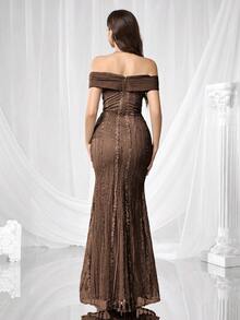 Coutiva 优雅刺绣露肩鱼尾裙摆正式晚礼服，适合婚礼宾客、毕业典礼、派对、圣诞节、秋冬季节、情人节等场合穿着。 - 棕色 - 查看 2