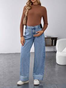 SHEIN Quần jeans bầu cạp cao ống rộng dáng suông đa năng, quần jeans dài màu xanh denim cho nữ, gấu quần xắn lên, thoải mái khi mặc vào mùa đông, Giáng sinh, Năm mới, Lễ Tạ ơn, đi làm, kỳ nghỉ, tốt nghiệp, phong cách Y2K, dễ thương, thời trang đường phố, dự tiệc, đám cưới, thanh lịch, công sở, quần jeans bầu ống rộng hỗ trợ bụng, phong cách tối giản, kiểu mẹ, dễ phối áo sơ mi. - Màu xanh lam - Xem 8