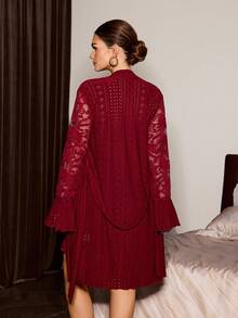 Slumberist 针织提花睡袍和性感蕾丝吊带睡衣套装 - 酒紅色 - 查看 2