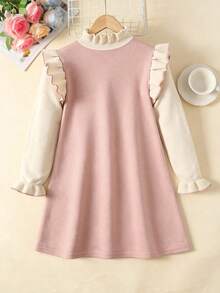 SHEIN 少女杏色和粉色提花蝴蝶结露肩长袖毛衣连衣裙，适合返校节、优雅场合、正式场合、秋季穿着，适合秋冬季节。 - 粉色 - 查看 2