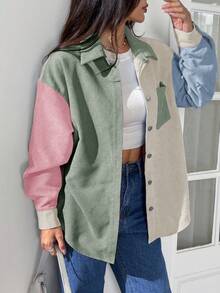 SHEIN EZwear 撞色落肩字母拼接灯芯绒外套罩衫夹克夏季短款夹克女式夹克街头风女装 - 彩色 - 查看 5
