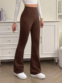SHEIN Tall Quần dài thường ngày màu đen trơn cạp cao ôm sát dành cho nữ, phù hợp cho mùa hè và mùa thu, phiên bản cao cấp - màu nâu - Xem 9