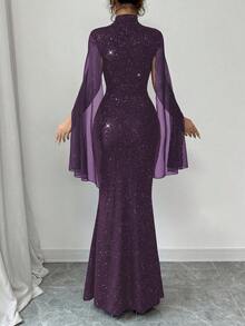 Rafferiza 女士高领亮片网纱开衩披肩式长袖收腰鱼尾下摆连衣裙长裙套装 - 紫色 - 查看 2