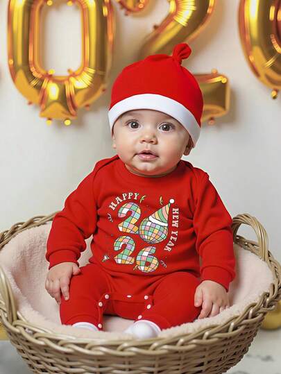 2件套婴儿男童男女通用3个月-3岁新年快乐2026图案红色圆领长袖连体衣带帽子，婴儿服装，男童套装，连体衣，派对装，节日套装，休闲日常装，适合春、秋、冬三季，红色婴儿套装，婴儿新年服装，红色连体衣，生日男童