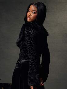 NYA SZN Coat Jacket Long Sleeve Faux Trench Coat Fur Red Holiday Luxury Elegant Chic Maxi Length Carnival Outfits For Women - Black - View 2