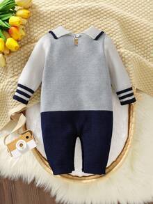 Newborn Baby Casual Fashion Cute Diamond Pattern White, Gray, Navy Blue Knitted Striped Bodysuit, Soft & Comfortable, Suitable For Daily, Outdoor, Travel, Holiday, Home, Daycare, Playtime, Autumn/Winter, Christmas, Back To School, Party, All-Match Airplane Captain Outfit For Baby Boy Knitted Baby Boy Outfit Baby Boy Sweater Set Sapphire Suit For Baby Boy Baby Sailor Navy Outfit Argyle Baby Boy Outfit Baby Boy Argyle Sweater Baby Boy Navy Suit Baby Sweater Baby Boy Argyle Outfit - Royal Blue - View 3