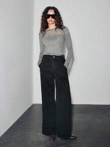 Lumivelle 女士优雅时尚简约百搭修身欧根纱半透明露肩毛衣，秋冬款 - 灰色 - 查看 4