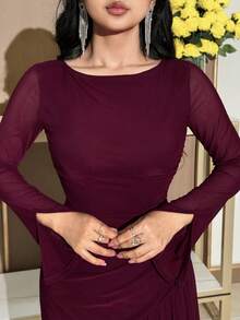 Feyla 女士纯色网纱拼接修身优雅长袖连衣裙 - 紫色 - 查看 6