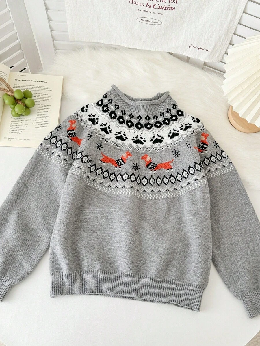Genkimix Kids Tween Girls' Casual Dachshund & Geometric Pattern Sweater, Autumn/Winter - Grey - View 1