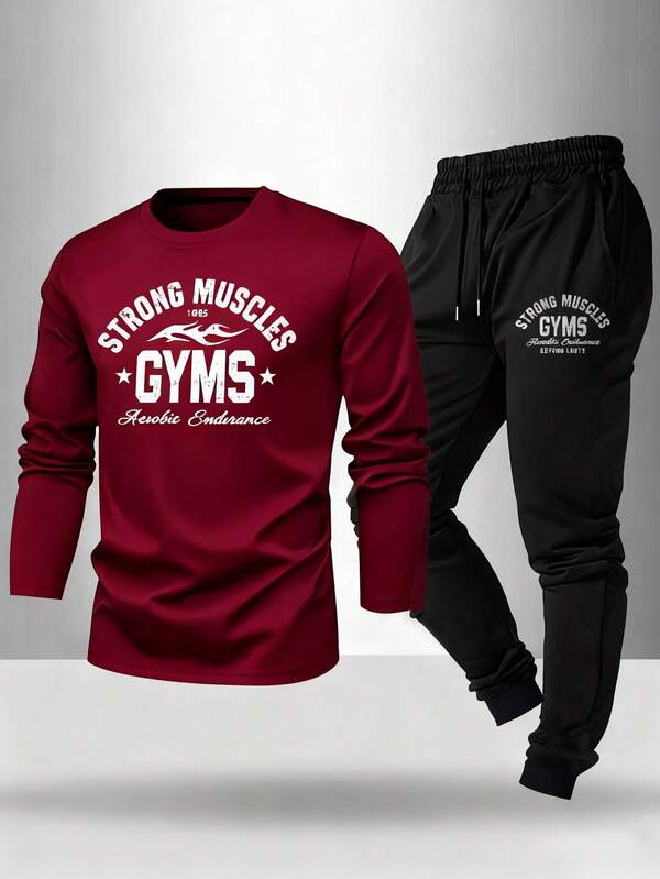 Manfinity Sport Corelite Męska koszulka z długim rękawem i spodniami z nadrukiem w litery, strój sportowy, stroje do ćwiczeń, zestawy do ćwiczeń, zestaw do ćwiczeń z długim rękawem