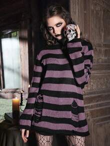ROMWE Goth pull décontracté pour femmes à motif rayé bicolore déchiré, convient pour l'automne/l'hiver et Halloween - Multicolore - Voir 3