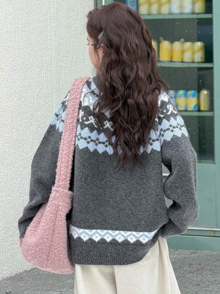 Tween Girls' Round Neck Color Block Casual Korean Style Loose Fit Long Sleeve Sweater, Autumn/Winter