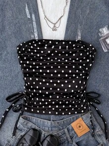 Teen Girls Y2K Casual Minimalist Black & White Polka Dot Print Ruched Tie Front Camisole Tops Teen Girl Clothes Tube Top,Summer,Y2k,Vacation,Streetwear,Holiday,New Years Tube Top Pack Black And White Tops For Teen Girls Not Cropped