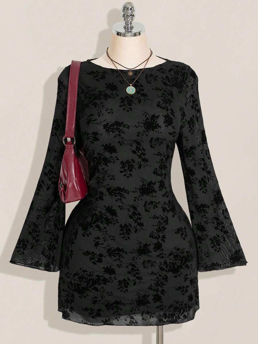 SHEIN ICON 大码女装秋季连衣裙，女式长袖连衣裙，Y2K复古植绒花卉网纱喇叭袖性感节日连衣裙，日常穿着 - 黑色 - 查看 1