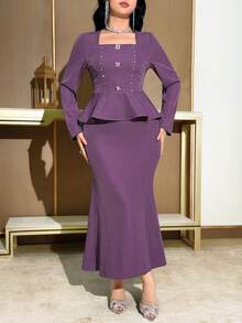 Modelyn 新款收腰优雅通勤水钻装饰鱼尾裙套装 - 卡其色 - 查看 2