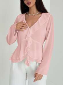Aloruh 女士新款时尚通勤日常休闲波西米亚风荷叶边装饰深V领长袖修身衬衫 - 藕粉色 - 查看 3