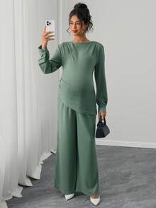 Momance Maternity Solid Waffle Knit Ruched Side Asymmetrical Hem Tee & Wide Leg Pants Set - Green - View 6