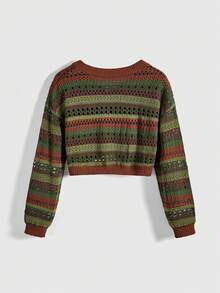 ROMWE Hippie Women's Striped Drop Shoulder Long Sleeve Single-Breasted Casual Hollow-Out Knit Cardigan - Multicolor - View 2