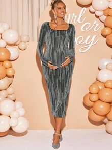 Loomaby 孕妇时尚派对亮片紧身连衣裙 - 銀色 - 查看 6