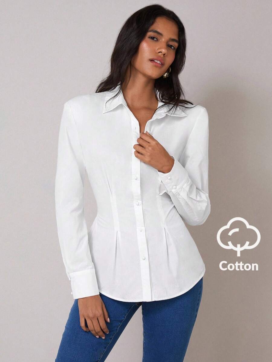 COSMINA 女士优雅收腰长袖衬衫，适合办公室、通勤和日常穿着，秋冬季 - 白色 - 查看 1